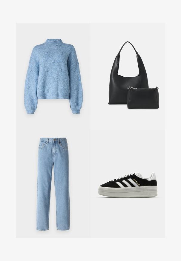 Vero Moda Knitted VMGAIL Knitted - Neule - allure; Vaaleansiniset farkut, joissa on suora leikkaus, korkea vyötärö ja viisi taskua. Varustettu metallinapilla ja vyölenkeillä.; Musta samettinen lenkkari valkoisilla nahkaosilla, kolme valkoista raitaa, tasaiset nauhat ja paksu harmaa alustapohja. Kultainen "Gazelle" -brändäys.; Even&Odd Käsilaukku - black