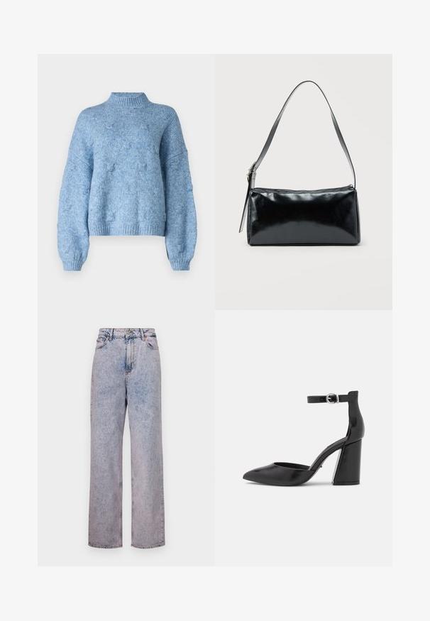 Vero Moda Knitted VMGAIL Knitted - Svetrík - allure; Svetlomodré džínsy s uvoľneným strihom, rovné nohy, vysokým pásom, piatimi vreckami a bronzovými gombíkmi.; ONLY SHOES ONLPAVI - Klasické lodičky na opätku - black; Čierna obdĺžniková kabelka na rameno s jedným nastaviteľným remienkom a horným zipsom na jednofarebnom pozadí.