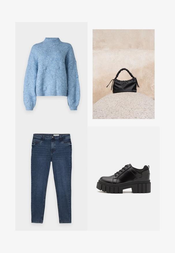 Vero Moda Knitted VMGAIL Knitted - Jersey de punto - allure; Jeans de mezclilla azul oscuro con un corte ajustado, diseño de cinco bolsillos y costuras doradas. Presenta un cierre de cremallera y botón. Textura suave.; Zapatos de plataforma de cuero negro con un tacón cuadrado grueso, punta redonda y diseño tradicional de cordones. Presenta una textura suave y un detalle minimalista.; Bolso negro fruncido con asa recogida, apoyado sobre una esfera de piedra texturizada frente a una pared de hormigón beige.