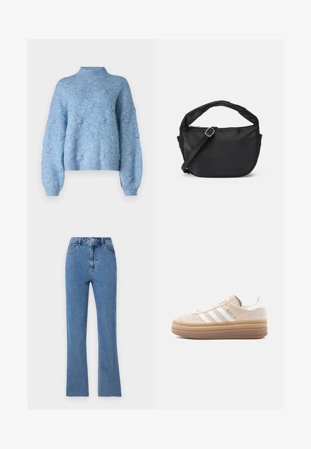 Vero Moda Knitted VMGAIL Knitted - Svetrík - allure; Úzke modré džínsy vyrobené z denimu, s vysokým pásom, rozšírenými nohavicami a decentnými šitými detailmi. Klasický design s piatimi vreckami.; Béžová semišová teniska s bielymi koženými detailmi, s tromi bielymi pásmi, zlatým logom a hrubou priesvitnou gumovou podrážkou.; Čierna látková taška na rameno s prekrútenou rukoväťou, odnímateľným popruhom a zipsom na vrchnom uzáveru. Hladký povrch a minimalistický dizajn.