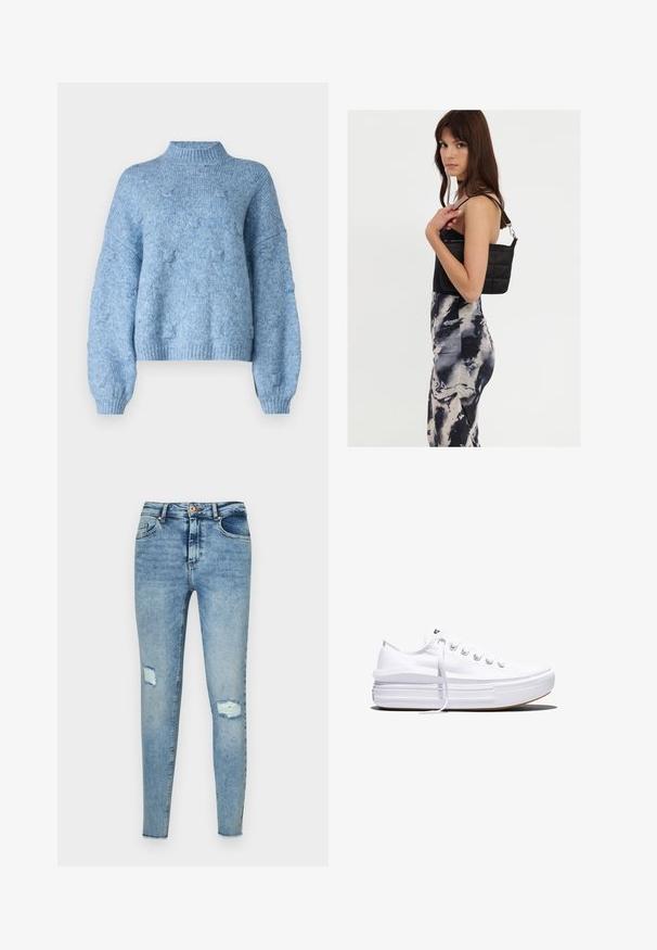 Vero Moda Knitted VMGAIL Knitted - Pullover - allure; Jeans en denim bleu skinny avec un délavage clair, dotés d'une taille haute, de poches avant visibles, et d'un tissu déchiré avec deux déchirures au niveau des genoux.; Baskets basses blanches en toile avec semelle plateforme épaisse, lacets sur le devant et embout en caoutchouc texturé, vues de profil.; Sac à épaule noir en matelassé avec une seule sangle et des accessoires en argent, associé à une robe ajustée à motif tie-dye dans des teintes de noir et de crème.