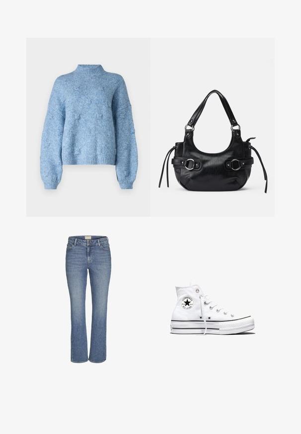 Vero Moda Knitted VMGAIL Knitted - Neule - allure; Kesällysin suoralahkeiset farkut, jotka ovat keskipitkän sinisen väriset ja joissa on edessä nappi- ja vetoketjukiinnitys, vyölenkit sekä etu- ja takataskut.; Valkoinen korkeavartinen Converse Chuck Taylor All Star -tennarikenkä, jossa on musta logoplässi ja valkoiset nauhat, esillä valkoisella taustalla.; Musta nahkakäsilaukku pyöreällä muodolla, jossa on kaksi sivu-solkea, sileä pinta ja lyhyt olkahihna. Koristeena sivupomponit.