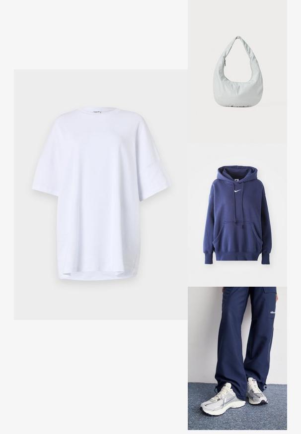 Námornícka modrá mikina s kapucňou vyrobená z jemnej zmesi bavlny, s prednou kapsou, sťahovacou kapucňou a bielym logom Nike na hrudi.; Biela tričko s krátkym rukávom, voľného strihu, vyrobené z bavlny. Okrúhly výstrih, bočné rozparky na leme a hladká textúra bez viditeľných vzorov alebo akcentov.; Športové topánky Nike s strieborným sieťovaným zvrškom, bielymi detailmi a textúrovanými podrážkami, skombinované s voľnými námorníckymi nohavicami.; Mäkká, svetlošedá hobo taška vyrobená z syntetického materiálu. Obsahuje jeden polstrovaný popruh a bočné vrecko so zipsom.