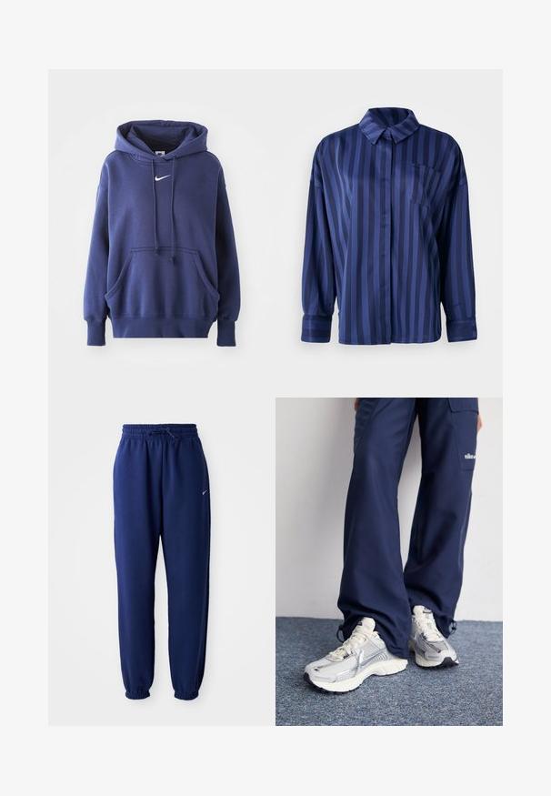 Tumed sinine kapuutsiga sviiter, mis on valmistatud pehmest puuvillasegistusest. Omab eesmise tasku, reguleeritavat kapuutsi ja valget Nike logo rinnal.; Tumesinise triibuline särk krae, rinna tasku ja pikkade varrukatega. Valmistatud siledast, läikivast kangast, millel on vabalt langev lõige.; Tumesinine dressipluus, mis on valmistatud pehmest kangast, elastse vöökoha ja nööriga, elastsete mansettide ning väikese valge logoga.; Nike spordijalatsid hõbedase võrkkanga ülaosaga, valgete aktsentidega ja tekstuuriga tallad, koos laia lõikega tumesiniste pükstega.