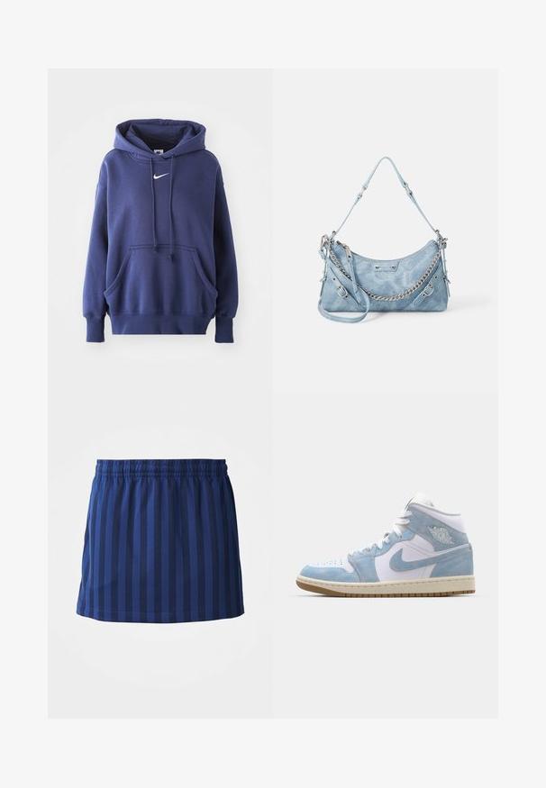 Marineblauwe hoodie, gemaakt van een zachte katoenmix, met een voorzak, een trekkoordkap en een wit Nike-logo op de borst.; Marineblauwe rok met verticale strepen, elastische tailleband, lengte tot halverwege het bovenbeen, gemaakt van lichte stof, gladde textuur.; Jordan AIR JORDAN 1 MID SE - Sneakers hoog - white/worn blue/sail/light brown; ALDO FARALAELIAX - Handtas - blue