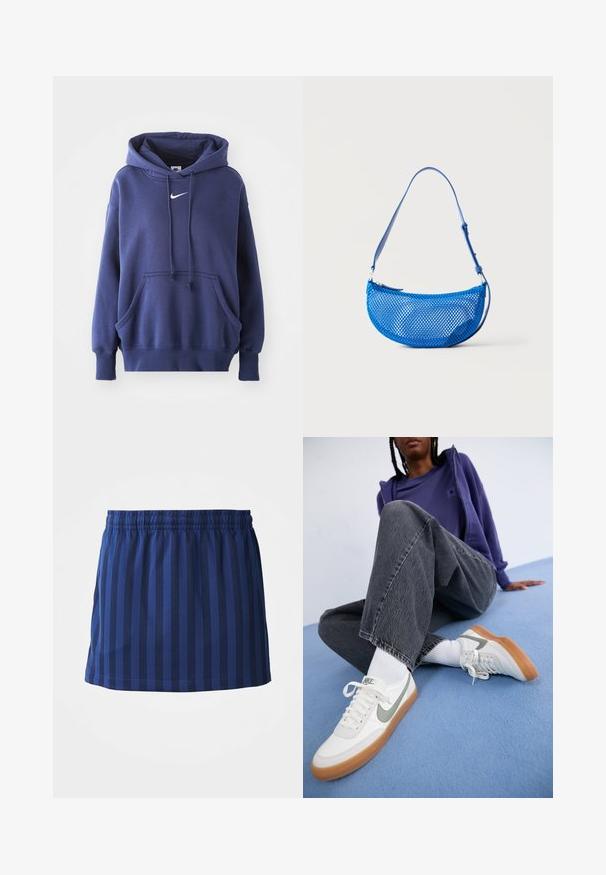 Dunkelblauer Kapuzenpullover aus weichem Baumwollmix, mit einer Fronttasche, Kordelzugkapuze und weißem Nike-Logo auf der Brust.; Marineblauer Rock mit vertikalen Streifen, elastischer Taille, mittellange Länge, aus leichtem Stoff, glatte Textur.; Weiße Nike-Sneaker mit grauen Akzenten, Gummisohle, getragen mit weißen Socken. Dunkelgraue, leicht verwaschene, weit geschnittene Jeans. Blauer Hintergrund.; Blaue Schultertasche aus Netz mit verstellbarem Träger und Reißverschluss, vor einem schlichten weißen Hintergrund dargestellt.