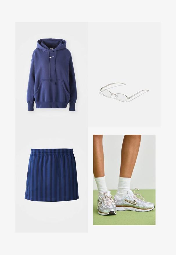 Marineblauwe hoodie, gemaakt van een zachte katoenmix, met een voorzak, een trekkoordkap en een wit Nike-logo op de borst.; Marineblauwe rok met verticale strepen, elastische tailleband, lengte tot halverwege het bovenbeen, gemaakt van lichte stof, gladde textuur.; Zilveren sportschoenen met witte en gouden accenten, voorzien van een mesh bovenkant, rubberen zool en een reflecterende afwerking. Sokken zichtbaar boven de enkel.; Ovale brillen met een metallic zilveren montuur, heldere glazen en getextureerde kraalaccenten op de tempels. Lichtgewicht ontwerp met gebogen armen.