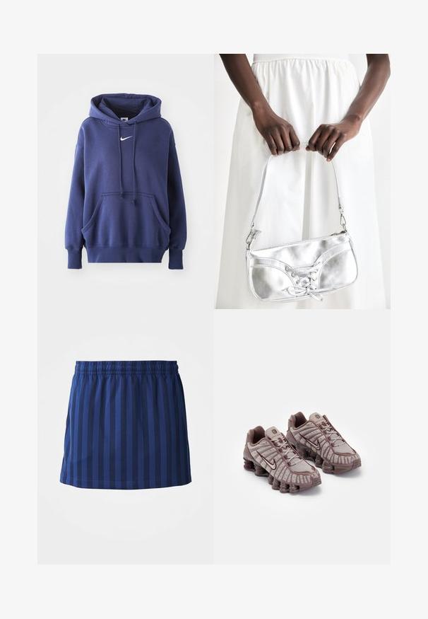 Dunkelblauer Kapuzenpullover aus weichem Baumwollmix, mit einer Fronttasche, Kordelzugkapuze und weißem Nike-Logo auf der Brust.; Marineblauer Rock mit vertikalen Streifen, elastischer Taille, mittellange Länge, aus leichtem Stoff, glatte Textur.; Nike Sportswear SHOX TL - Sneaker low - pumice/night maroon/plum eclipse; Silberne metallische Handtasche mit Schnürdetail, die ein elegantes Design und einen kurzen Tragegurt aufweist. Die Tasche wird in den Händen gehalten und zeigt ihre Textur.