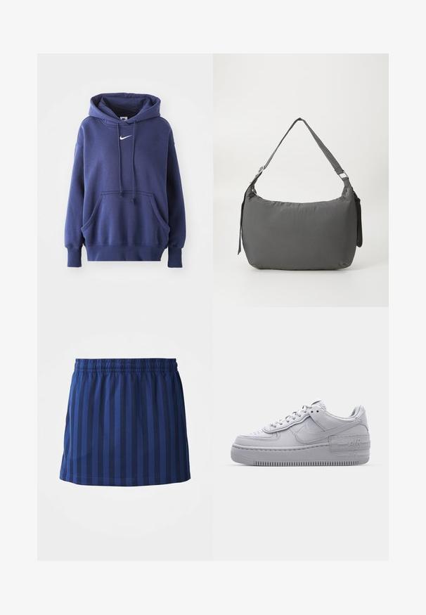 Tumed sinine kapuutsiga sviiter, mis on valmistatud pehmest puuvillasegistusest. Omab eesmise tasku, reguleeritavat kapuutsi ja valget Nike logo rinnal.; Tumedate sinine seelik vertikaalsete triipudega, elastne vöökoht, keskmise reie pikkus, valmistatud kergetest kangastest, sile tekstuur.; Hallitus hallid Nike Air Force 1 sneakerid, millel on augustatud varvas, siledast nahast ülemine osa, paks tall ning reljeefne 'AIR' detail kontsapadjal.; Hall riidest õlavöökott, millel on kumer kuju, sile tekstuur, reguleeritav rihm ja peene reljeefne logo esiküljel.