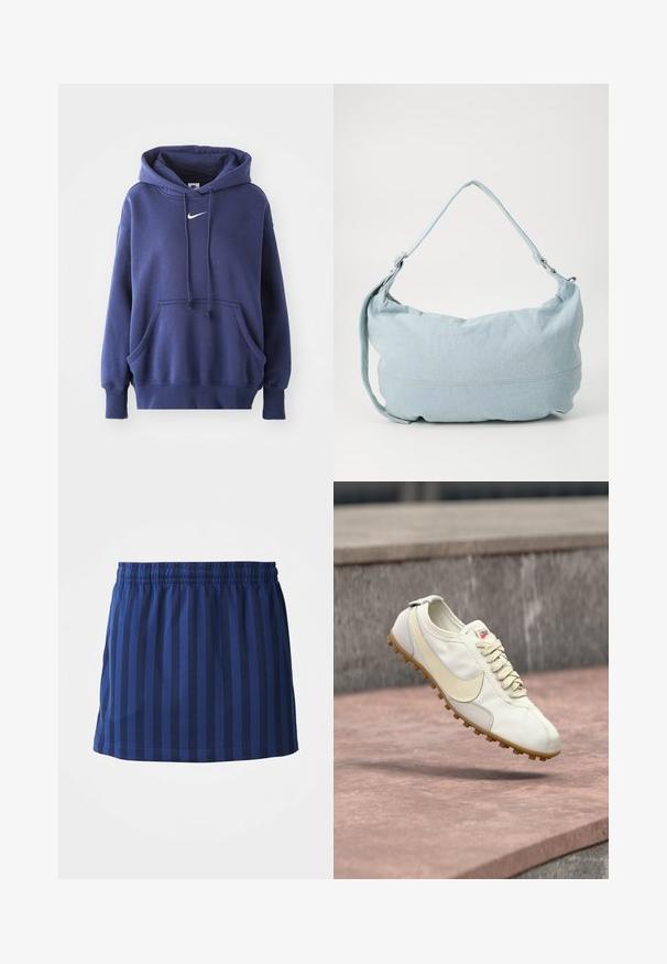 Námornícka modrá mikina s kapucňou vyrobená z jemnej zmesi bavlny, s prednou kapsou, sťahovacou kapucňou a bielym logom Nike na hrudi.; Námornícka modrá sukňa s vertikálnymi pruhmi, elastický pás, dĺžka po polovicu stehna, vyrobená z ľahkej tkaniny, hladká textúra.; Biela a béžová športová obuv so šnúrkami a gumovou podrážkou vznášajúca sa nad kamenným povrchom s rozmazaným betónovým pozadím.; Svetlomodrá denimová taška na rameno s okrúhlym tvarom, nastaviteľným popruhom a jemným prešívaním pozdĺž dolného okraja. Mäkka textúra.