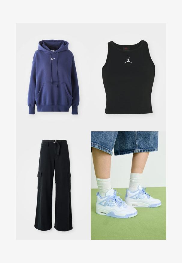 Mørkeblå hoodie lavet af blødt bomuldsblandingsmateriale, med en frontlomme, snøre i hætten og hvidt Nike-logo på brystet.; Sort tætsiddende tanktop lavet af bomuld, med rund udskæring og et hvidt Jordan-logo syet på fronten i midten. Glat tekstur.; Sorte bredbenede cargo-bukser lavet af bomuld med et bånd, der kan bindes, og som har to sidelommer samt en glat stofstruktur.; Hvide og lyseblå sneakers med mesh-detaljer, rund tå, snørebånd og en luftdæmpningsenhed, parret med hvide ribbede sokker og denimshorts.