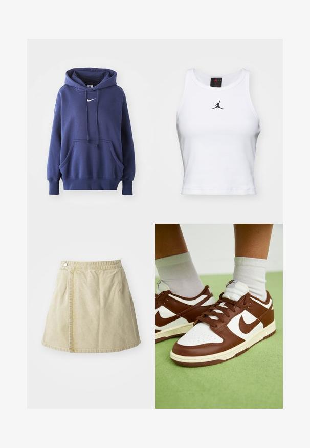 Tumed sinine kapuutsiga sviiter, mis on valmistatud pehmest puuvillasegistusest. Omab eesmise tasku, reguleeritavat kapuutsi ja valget Nike logo rinnal.; Valge lühike puuvillane tank top ribakangast. Keskel on must Jordan'i logo ja klassikaline ümar kaelus.; Kahvatu mini-seelik pehmest kangast, millel on külge kinnitatav nupplukku, sile tekstuur ja kergelt laienev siluett, mille hem on üle põlve.; Pruunid ja valged nahast tossud, millel on perforatsiooniga varvas, tekstuursed aktsendid ja lamedad paelad. Mudelil on madal disain ja kummist tald.