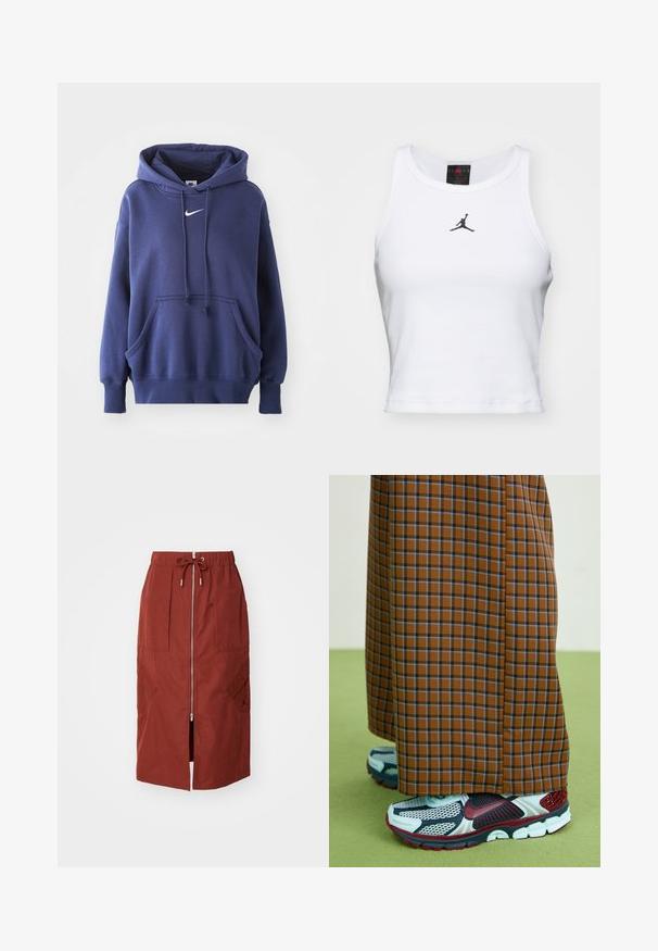 Tumed sinine kapuutsiga sviiter, mis on valmistatud pehmest puuvillasegistusest. Omab eesmise tasku, reguleeritavat kapuutsi ja valget Nike logo rinnal.; Valge lühike puuvillane tank top ribakangast. Keskel on must Jordan'i logo ja klassikaline ümar kaelus.; Keskmise pikkusega seelik terrakota punases, millel on eesne lukuga, elastne vöökoht koos tõmblukuga ja küljetaskud geomeetrilise mustriga.; Pruunide ruuduliste laiade pükste vahel on sinised jooned, millega on paaritud hallid tossud, millel on punased detailid ja võrgusilmast disain. Roheline tekstureeritud põrandataust.