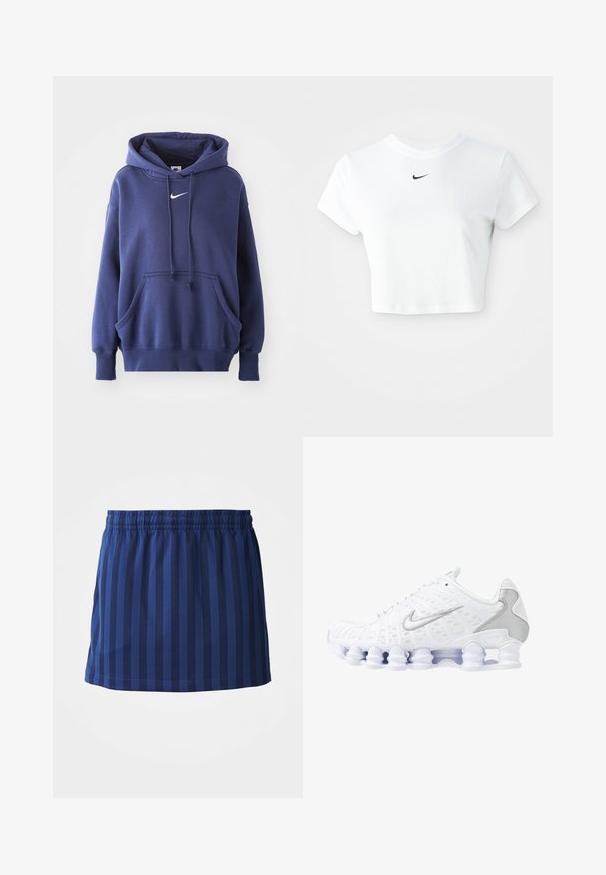 Námornícka modrá mikina s kapucňou vyrobená z jemnej zmesi bavlny, s prednou kapsou, sťahovacou kapucňou a bielym logom Nike na hrudi.; Biely skrátený tričko vyrobené z bavlny, s krátkymi rukávmi a okrúhlym výstrihom, s čiernym logom Nike na hrudi.; Námornícka modrá sukňa s vertikálnymi pruhmi, elastický pás, dĺžka po polovicu stehna, vyrobená z ľahkej tkaniny, hladká textúra.; Biele športové topánky s jemnou sieťovinou na hornej časti, striebornými detailmi a jedinečným dizajnom podpätka v tvare cievky. Majú polstrovaný golier a šnurovanie pre lepšie udržanie na nohe.