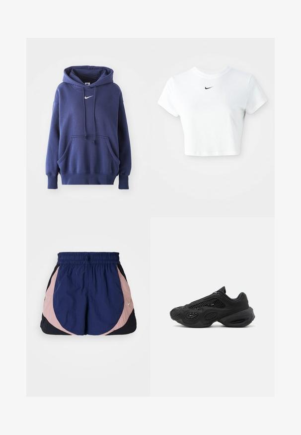Navy sininen huppari, joka on valmistettu pehmeästä puuvillasekoitteesta. Siinä on etutasku, kiristettävä huppu ja valkoinen Nike-logo rintamalla.; Valkoinen lyhythihainen puuvillapaita, jossa on pyöreä kaula-aukko ja musta Nike-logo rinnassa.; Nike urheilu shortsit, joissa on joustava vyötärö, ja joissa on merensiiven, vaaleanpunaisen ja mustan värin paneeleita. Valmistettu kevyestä, teksturoidusta kankaasta.; Musta urheilukenkä, jossa verkkokangasosat, paksu pehmustettu pohja ja pieni swoosh-logo sivulla, valokuvattu yksiväristä taustaa vasten.