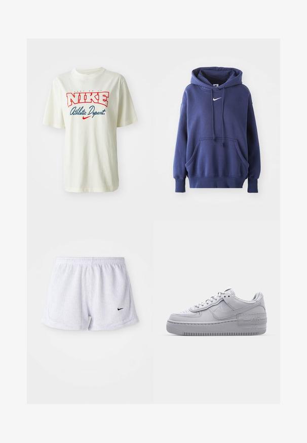 Marineblauwe hoodie, gemaakt van een zachte katoenmix, met een voorzak, een trekkoordkap en een wit Nike-logo op de borst.; Witte katoenen t-shirt met een rood en blauw "NIKE" logo met daarboven de tekst "Just Do It" en daaronder "Athletic Depart.", korte mouwen, ronde hals.; Witte, geribbelde sportshorts met een elastische tailleband en een klein zwart Nike-logo aan de linksonderzijde. Eenvoudig, minimalistisch ontwerp.; Grijze Nike Air Force 1 sneaker met geperforeerde neus, glad leren bovenwerk, dikke zool en verhoogde 'AIR' details op de hiel.