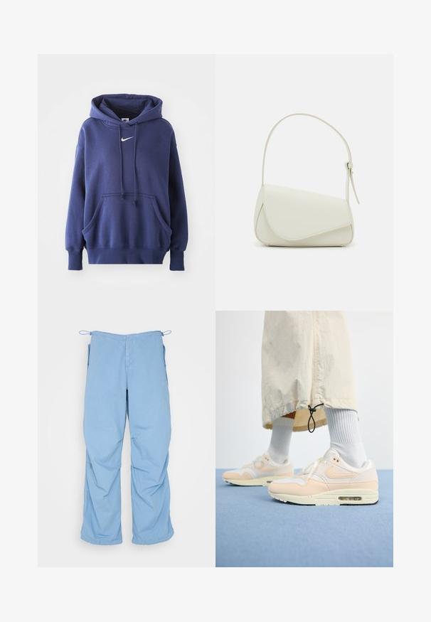 Námornícka modrá mikina s kapucňou vyrobená z jemnej zmesi bavlny, s prednou kapsou, sťahovacou kapucňou a bielym logom Nike na hrudi.; Svetlomodré, voľné nohavice z mäkkej tkaniny. Majú šnúrku v páse, dve bočné vrecká a uvoľnený strih s čistým prešívaním.; Ľahké tenisky Nike Air Max 1 majú biely a jemne broskyňový zvršok vyrobený z mesh a kožených materiálov, viditeľnú vzduchovú jednotku a textúrovanú podrážku.; Biela kabelka z umelého kože so štruktúrovaným trojuholníkovým tvarom, jedným nastaviteľným popruhom a prekrytím so zakriveným akcentom.