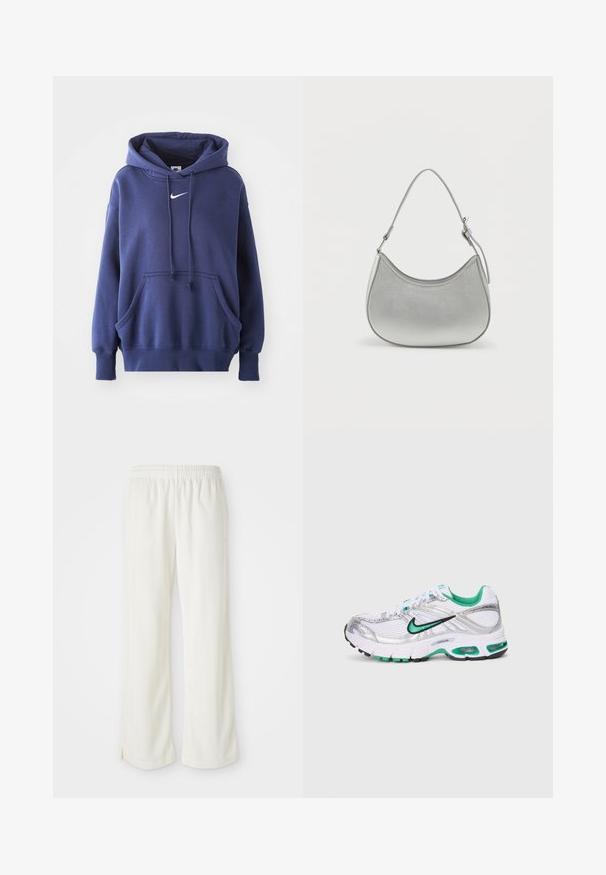 Marineblauwe hoodie, gemaakt van een zachte katoenmix, met een voorzak, een trekkoordkap en een wit Nike-logo op de borst.; Crème-kleurige broek met een wijde pijpdesign, gemaakt van lichtgewicht materiaal, met verticale strepen en een elastische tailleband.; Nike hardloopschoen in wit, zilver en groen. Bevat mesh en synthetische materialen, een gevoerde kraag en een gevoerde zool met zichtbare luchtunits.; Zilveren faux leren handtas met een gebogen vorm, korte verstelbare schouderband en een gladde textuur, voorzien van minimale stikseldetails.