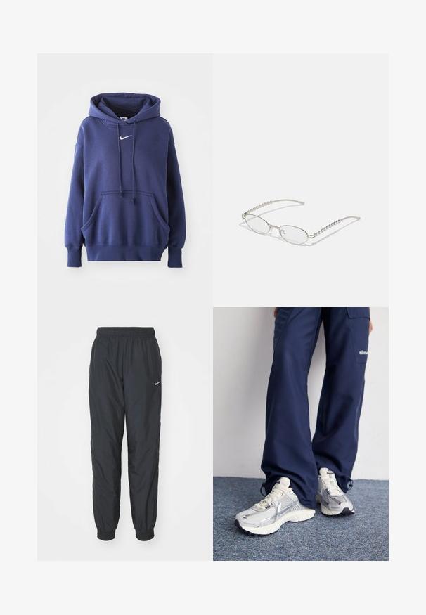 Tumed sinine kapuutsiga sviiter, mis on valmistatud pehmest puuvillasegistusest. Omab eesmise tasku, reguleeritavat kapuutsi ja valget Nike logo rinnal.; Mustad Nike spordipüksid, mis on valmistatud kergest kangast, elastse vöökoha ja mansettidega, vasaku jala peal on väike valge logo.; Nike spordijalatsid hõbedase võrkkanga ülaosaga, valgete aktsentidega ja tekstuuriga tallad, koos laia lõikega tumesiniste pükstega.; Ovaalsed prillid metallisel hõbedasel raamile, selged läätsed ja tekstuuriga helmedega tempelaktsentidega. Kerge konstruktsioon kaarjate kätega.