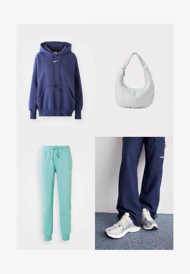 Sudadera azul marino hecha de una suave mezcla de algodón, con un bolsillo frontal, capucha con cordón y logo blanco de Nike en el pecho.; Pantalones de chándal verde menta con cintura elástica, cordón y puños acanalados. Cuenta con un pequeño logo blanco de Nike en el muslo izquierdo.; Zapatillas deportivas Nike con parte superior de malla plateada, acentos blancos y suelas texturizadas, combinadas con pantalones azul marino de corte holgado.; Bolso hobo suave y de color gris claro, hecho de material sintético. Cuenta con un asa acolchada y un compartimento con cremallera en el lateral.