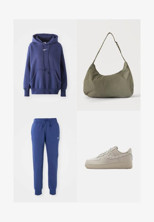 Mørkeblå hoodie lavet af blødt bomuldsblandingsmateriale, med en frontlomme, snøre i hætten og hvidt Nike-logo på brystet.; Blå Nike sweatpants med elastisk talje, snøre, afsluttende ankler og hvid Nike swoosh-logo på venstre lår.; Lavtop beige læder sneaker med nitter på Nike swoosh, perforeret tå og tyk gummisål mærket "AIR" på siden.; Skuldertaske i blødt olivengrønt stof med lynlås og justerbar rem på ensfarvet, lyst baggrund.