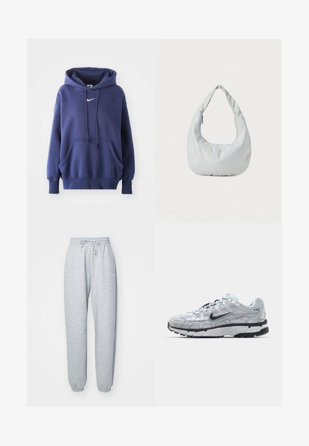 Mørkeblå hoodie lavet af blødt bomuldsblandingsmateriale, med en frontlomme, snøre i hætten og hvidt Nike-logo på brystet.; Lysgrå sweatpants lavet af blød bomuldsblanding, med elastisk talje og snoretræk, tapered ben og ribbede manchetter. Minimal brandingdetalje.; Nike P-6000 sneakers med en lys grå mesh overdel, sorte accenter og en holdbar sort gummisål. Har et detaljeret design og snøresystem.; Blød, lys grå hobo-taske lavet af syntetisk materiale. Har et enkelt polstret håndtag og en lynlåslomme på siden.
