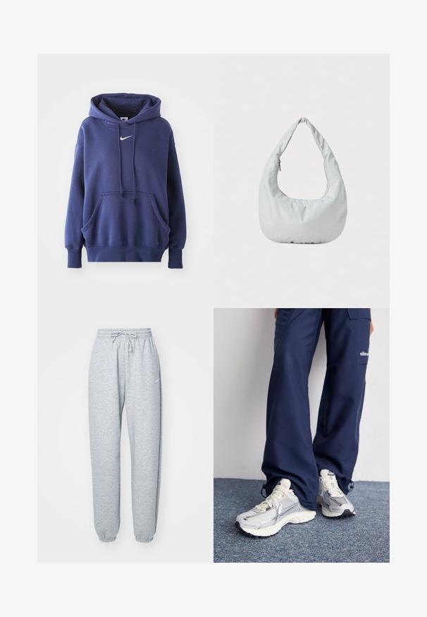 Tumed sinine kapuutsiga sviiter, mis on valmistatud pehmest puuvillasegistusest. Omab eesmise tasku, reguleeritavat kapuutsi ja valget Nike logo rinnal.; Heledad hallhalli pehmete puuvillasegistusega, millel on elastne vöökoht ja nöör, kitsenevad sääred ja ribakudumisega mansetid. Minim blown kaubamärgi detail.; Nike spordijalatsid hõbedase võrkkanga ülaosaga, valgete aktsentidega ja tekstuuriga tallad, koos laia lõikega tumesiniste pükstega.; Pehmea, heleda halli hobo-kott, mis on valmistatud sünteetilisest materjalist. Omab ühte pehmendatud sangaga kät ja külgmist lukkudega taskut.