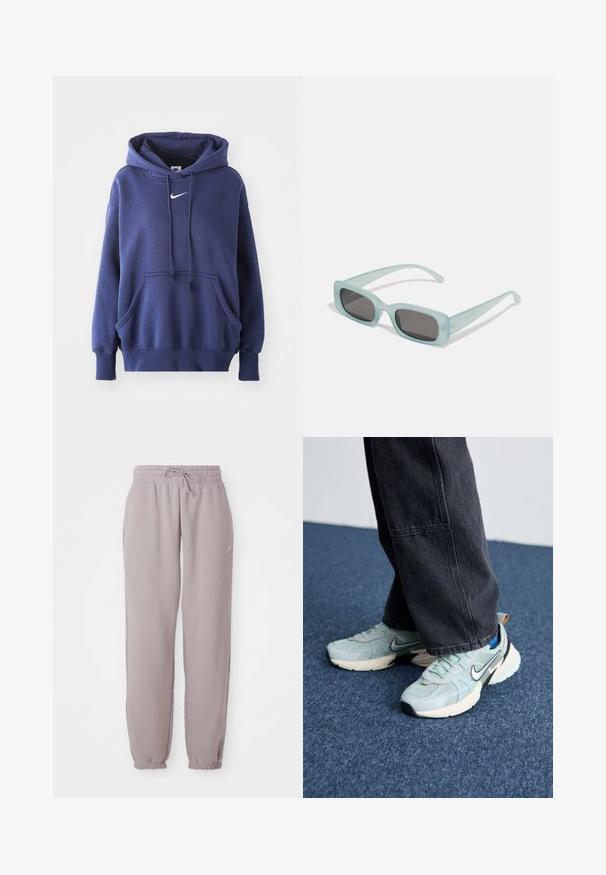 Mørkeblå hoodie lavet af blødt bomuldsblandingsmateriale, med en frontlomme, snøre i hætten og hvidt Nike-logo på brystet.; Lys mauve fleece sweatpants med elastisk talje, snor, sidelommer og elastiske manchetter, vist fladt mod en hvid baggrund.; Lyseblå mesh Nike sneakers med struktureret finish, sort swoosh og cremefarvet mellemsål, parret med mørkegrå vide bukser.; Et par rektangulære solbriller med lyseblå gennemsigtige stel og mørkegrå linser, der har lige templer og minimale hardware detaljer.