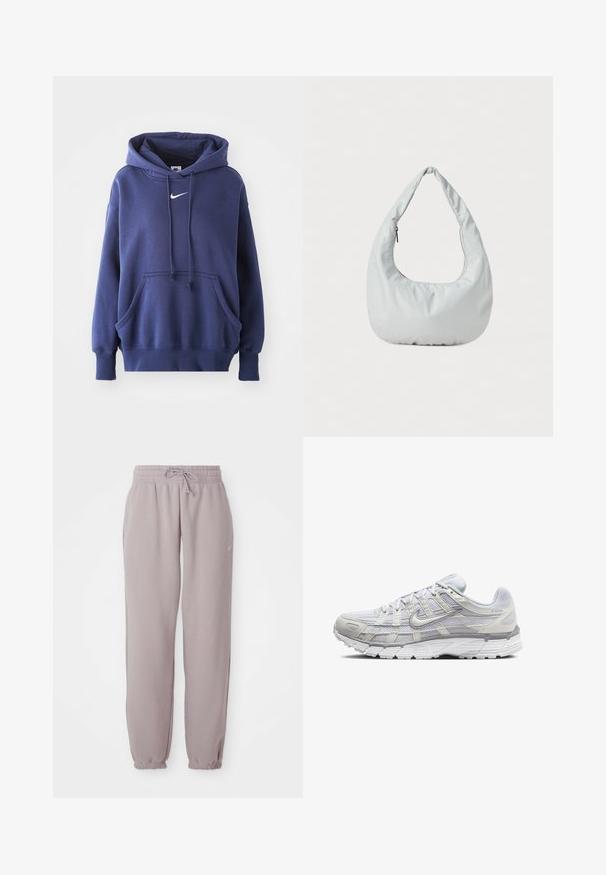 Sudadera azul marino hecha de una suave mezcla de algodón, con un bolsillo frontal, capucha con cordón y logo blanco de Nike en el pecho.; Pantalones de chándal de polar en color malva claro con cintura elástica, cordón ajustable, bolsillos laterales y puños elásticos, mostrados planos sobre un fondo blanco.; Zapatillas deportivas de color gris claro con una parte superior de malla y sintético, que cuentan con un cierre de cordones, collar acolchado y suela texturizada para mayor agarre.; Bolso hobo suave y de color gris claro, hecho de material sintético. Cuenta con un asa acolchada y un compartimento con cremallera en el lateral.