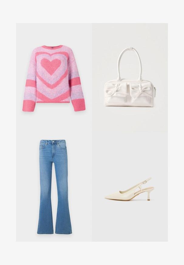 Pull en tricot rose avec un motif de cœur, avec des rayures alternées de rose clair et de rose plus foncé. Fabriqué en tissu doux et texturé.; Jean évasé en denim bleu clair avec une taille mi-haute, doté de poches avant et d'une fermeture à boutons. Texture lisse et design classique à cinq poches.; Talons slingback beiges en cuir lisse. Présentent un bout pointu, un design découpé et un petit talon cylindrique pour plus de stabilité.; Sac à main synthétique blanc avec deux poches avant, chacune ornée d'un nœud noué. Texture lisse, anses arrondies et fermeture zippée.