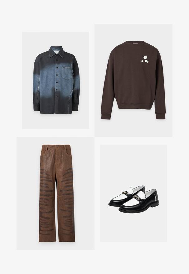 Sweat-shirt marron foncé à manches longues avec petits motifs floraux blancs sur le haut gauche de la poitrine, poignets et ourlet côtelés.; Chemise à manches longues boutonnée avec un dégradé du noir au bleu denim, poche poitrine avec étiquette visible et coutures apparentes.; Pantalons en simili cuir marron avec une finition texturée, dotés de découpes horizontales allongées le long des côtés et d'un design à jambes droites.; Paire de mocassins en cuir noir et blanc avec un détail de chaîne dorée sur le dessus, sur un fond clair uni.