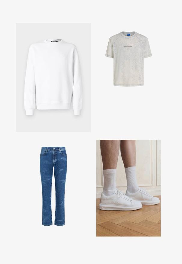 Hvid sweatshirt med rund halsudskæring, lange ærmer, ribbet manchetter og kant. Har subtil prægning på brystet. Glat tekstur.; Lysegrå t-shirt med korte ærmer og rund halsudskæring med subtil marmormønster og lille "KARL LAGERFELD JEANS"-logo centreret på brystet.; Blå denimjeans med lige ben, falmet og folder i stoffet, frontknap og lynlås, samt lommer foran og bagpå.; Ben iført hvide ribstrikkede crew-sokker og hvide Karl Lagerfeld sneakers stående på lyst trægulv.