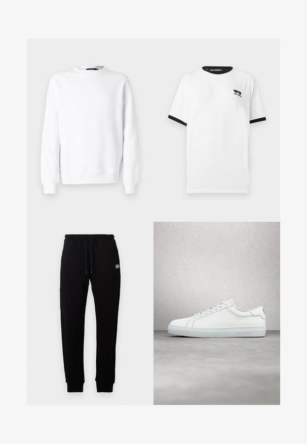 Hvid sweatshirt med rund halsudskæring, lange ærmer, ribbet manchetter og kant. Har subtil prægning på brystet. Glat tekstur.; Hvid T-shirt med korte ærmer, sort krave og ærmekanter, med en lille sort solbrillegrafik og teksten "KARL LAGERFELD" på brystet.; Sorte bomulds sweats med elastisk talje og justerbar snor. Lille hvidt logo trykt foran. Ribbede manchetter ved anklerne.; Hvide lædersneakers med en glat finish, rund tå, flade snørebånd og et minimalistisk design. Lys grå gummisål med branding på siden.