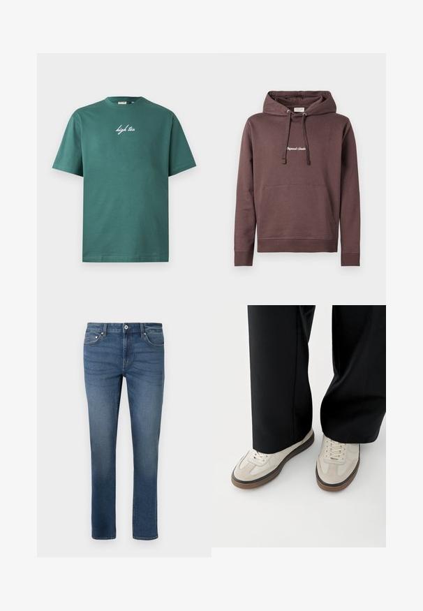 Brun pullover hoodie med en frontkangaroo-lomme, justerbar snøre hætte og broderet tekst på brystet. Bl Blend af bomuldsstof.; Grøn bomuld T-shirt med rund hals og korte ærmer. Har hvid, kursiv tekst "high tea" på forsiden. Enkel design, ingen mønstre.; Blå denimjeans med lige ben-design, der har fem-lommer stil og subtil fading. Inkluderer en frontlukning med knap og lynlås.; Fødder iført beige sneakers med brune såler og sorte bukser med vide ben på hvid baggrund.