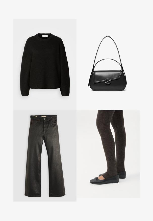 Jersey negro de punto con cuello redondo, hombros caídos y puños y dobladillo acanalados. Tejido suave y texturizado con un ajuste holgado.; Pantalones de mezclilla anchos negros con una textura suave, que presentan cinco bolsillos y detalles en metal color cobre. Cierre clásico con botón.; Piernas con leggings oscuros acanalados combinados con bailarinas negras que presentan pequeños detalles de lazo sobre un fondo blanco.; Bolso de hombro de cuero negro con una solapa curva asegurada por un broche metálico redondo y una correa delgada y ajustable.