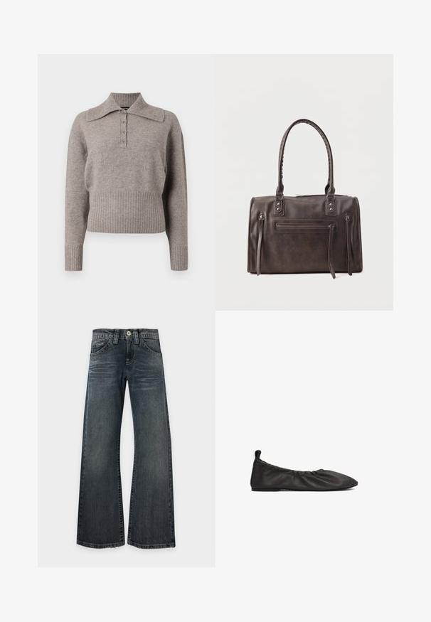 Lichtgrijze gebreide trui met een kraag, knoopsluiting aan de voorkant en geribde zoom en manchetten. Zachte textuur en een casual ontwerp.; Donkergewassen, wide-leg jeans met lichte vervaging op de dijen, klassiek vijfzakkenmodel en zichtbare stiksels, plat neergelegd op een witte achtergrond.; Zwarte leren platte schoen met verzamelde elastische rand, spitse neus en een gladde oppervlak. Heeft een minimalistisch ontwerp zonder zichtbare hardware.; Donkerbruine leren handtas met dubbele handvatten, een voorvak met rits en twee verticale zijritsdetails op een witte achtergrond.