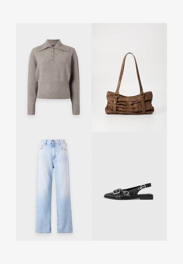 Suéter de punto gris claro con un cuello de camisa, cierre delantero de botones y ribetes en el dobladillo y los puños. Textura suave y diseño casual.; Vaqueros de mezclilla azul claro con una cintura alta, piernas rectas anchas y un ligero desgaste. Cuenta con un cierre frontal de botón y cinco bolsillos.; Zapato slingback de cuero negro con punta afilada, dos hebillas plateadas y un tacón bajo tipo bloque. Presenta un empeine texturizado y parte trasera abierta.; Even&Odd Bolso de mano - brown