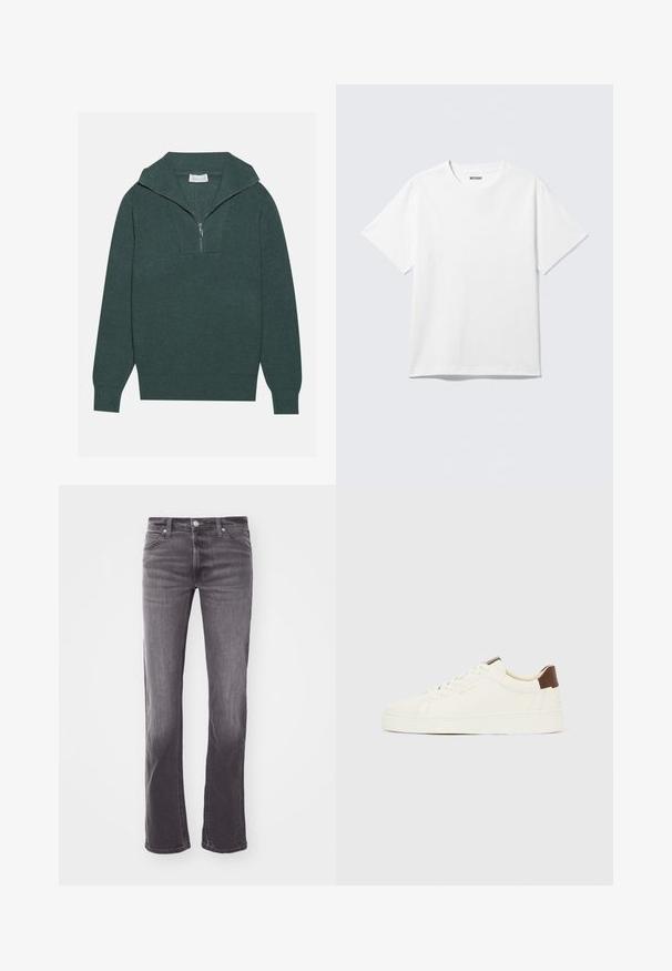 Dunkelgrüner gerippter Pullover mit einem halb gezippten Kragen, langen Ärmeln und einem strukturierten Stoff. Einfaches Design mit geradem Saum.; Weißes T-Shirt mit kurzen Ärmeln und Rundhalsausschnitt, flach liegend, schlichtes Design, mit „WEEKDAY“-Etikett innen im Kragen auf hellem Hintergrund.; Nahaufnahme von schwarzen Denim-Jeans auf der Rückseite mit Lee-Lederpatch und kleinem Stofflabel, getragen mit einem in die Hose gesteckten weißen Hemd.; Weißer Sneaker mit niedrigem Schaft, cremefarbenen Schnürsenkeln, einem braunen Fersenlaschen und goldfarbenem "GANT"-Logo an der Seite, im Profil vor einem einfarbigen Hintergrund gezeigt.