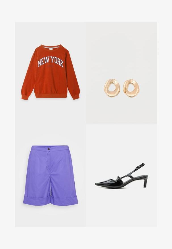 Orange crewneck sweatshirt med hvidt og blåt "NEW YORK CITY" tekst foran, lange ærmer samt ribstrikkede manchetter og kant.; Lilla bomuldsbukser med flad front, enkelt knaplukning og foldet afslutning. Glat tekstur uden synlige mønstre.; Sort laklæder spids tå slingback sko med lav hæl og to justerbare spænder, vist i sideprofil.; Par af uregelmæssigt formede, polerede øreringe i guldfarvet metal med åben midte på en ens hvid baggrund.
