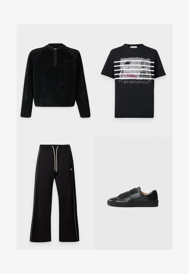 Pull en polaire noir à manches longues avec une courte fermeture éclair devant et un logo discret sur la poitrine gauche.; T-shirt noir avec des rayures blanches sur un graphisme en noir et blanc du personnage de dessin animé Sylvester derrière des barreaux, avec le mot « BUSTED » et un texte en dessous.; Pantalon noir à jambes larges avec une bande blanche sur le côté, taille élastique et cordon blanc, sur fond gris uni.; Baskets en cuir noir avec une texture lisse, bout rond et fermeture à lacets. Comprend une semelle en caoutchouc épaisse et un minimum de détails de marque.