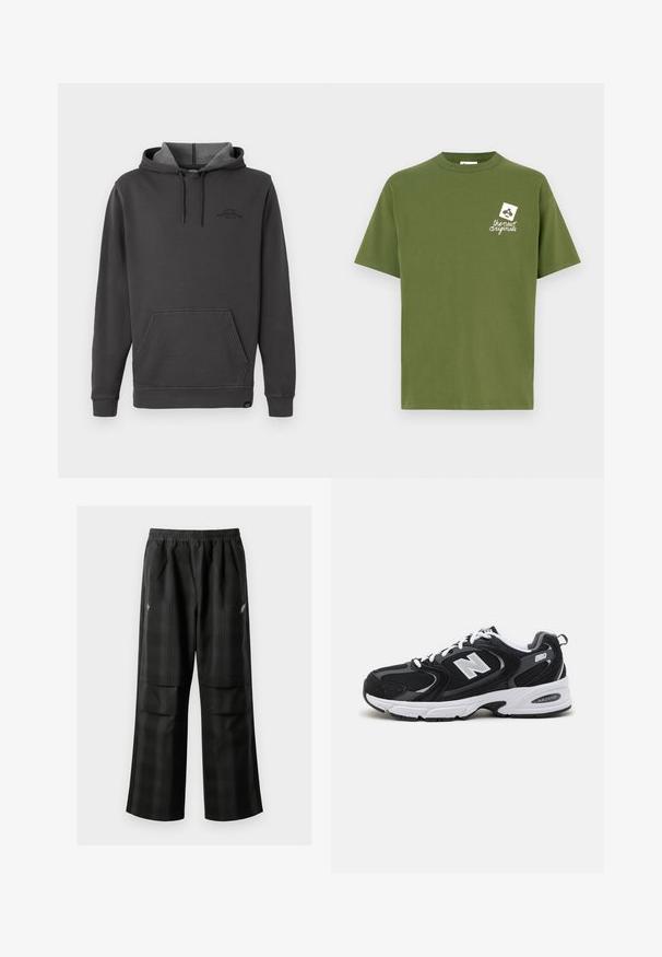 Mørkegrå hættetrøje med fleece-foring, frontlomme til hænderne, ribstrikkede håndled og kant, samt et diskret logo på brystet.; Olivengrøn bomulds-T-shirt med rund hals og korte ærmer. Har en hvid grafik på venstre bryst med teksten "the new originals."; Sorte ternede bukser med elastisk talje, to forlommer og en løs pasform med lige ben. Fremstillet af letvægtsmateriale.; Sorte og grå sportssko med mesh og ruskind på overdelen, der har en hvid mellemsål, snørebånd og et iøjnefaldende "N" logo på siden.