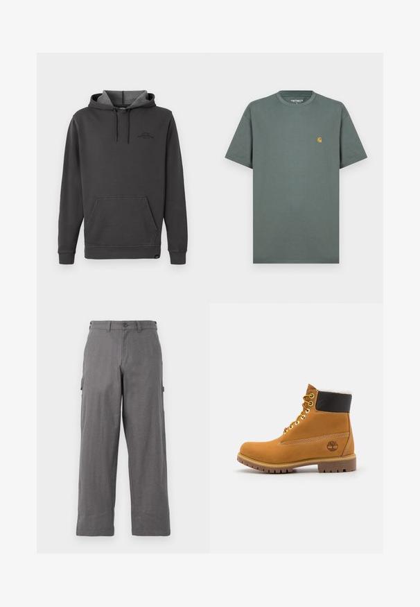 Sweat-shirt à capuche gris foncé avec un intérieur en polaire, poche kangourou à l'avant, poignets et ourlet côtelés, et un logo subtil sur la poitrine.; T-shirt en coton gris avec des manches courtes, col ras du cou et un petit logo jaune sur la poitrine gauche. Texture lisse, coupe classique.; Pantalons cargo gris avec une coupe droite, fabriqués en tissu durable. Comprend des poches latérales et une fermeture à bouton à la taille.; Bottine en cuir brun avec œillets en métal, doublure en fourrure blanche, col rembourré noir, semelle robuste et logo en relief sur le côté.