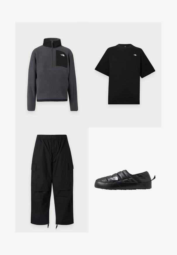 Sudadera polar de color gris oscuro con cuello alto, media cremallera frontal y bolsillo con cremallera negro en el pecho con logo blanco en el lado derecho.; Camiseta negra de manga corta con cuello redondo y pequeño logo blanco de The North Face en la parte superior izquierda del pecho.; Pantalones cargo negros con cintura elástica, múltiples bolsillos y cremalleras en los tobillos, con un diseño relajado y holgado.; Zapato negro de tipo slip-on con un diseño acolchado, hecho de material acolchado. Presenta una suela de goma texturizada y una pequeña lengüeta en la parte trasera.