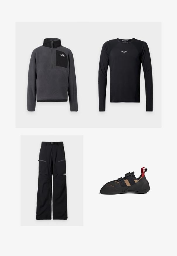 Sudadera polar de color gris oscuro con cuello alto, media cremallera frontal y bolsillo con cremallera negro en el pecho con logo blanco en el lado derecho.; Camiseta atlética negra de manga larga, hecha de una tela suave y ligera. Presenta un cuello redondo, mangas raglán y un logo sutil en el pecho.; Pantalones exteriores negros con cinturón ajustable, dos bolsillos en los muslos con cremallera y el logotipo de The North Face en la pierna derecha.; Zapato de escalada con un upper sintético negro y marrón, que cuenta con dos correas de Velcro, una suela de goma y un tirador rojo en el talón.