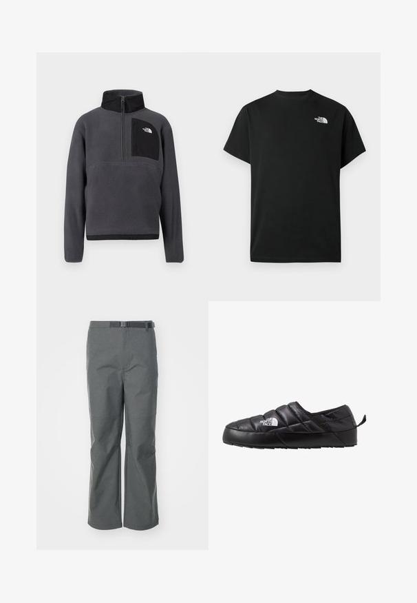 Tummanharmaa fleece-poolopaita, jossa on korkea kaulus, puolivetoketjullinen etuosa ja musta vetoketjullinen rintatasku, jossa oikealla puolella valkoinen logo.; Musta lyhythihainen t-paita, valmistettu puuvillasta. Vasemmassa rinnassa valkoinen logo. Yksinkertainen leikkaus, pyöreä pääntie ja minimaalinen design.; Harmaat ulkoiluhousut, jotka on valmistettu kestävästä kankaasta. Housuissa on suora lahje, säädettävä vyö ja saumarakenne, joka lisää rakennetta.; Mustat liukupohjaiset kengät, joissa on violetit tikatut kuviot, valmistettu pehmeästä materiaalista. Varustettu tekstuurilla varustetulla kumipohjalla ja pienellä nostonauhakkeella takana.