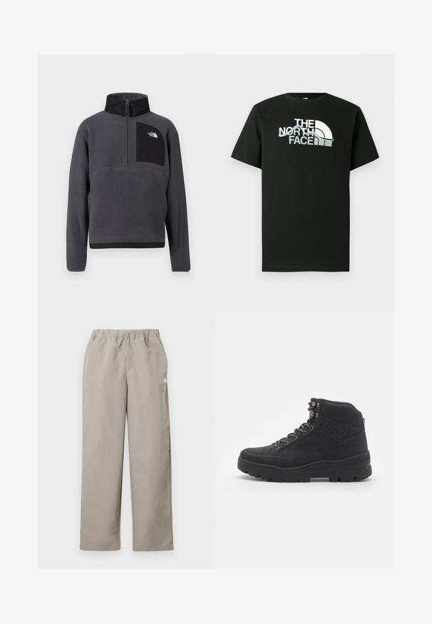 Dunkelgrauer Fleece-Pullover mit hohem Kragen, halbseitigem Reißverschluss vorne und schwarzer Reißverschlusstasche auf der Brust mit weißem Logo auf der rechten Seite.; Schwarzes T-Shirt aus Baumwolle mit einem aufgedruckten Logo in Weiß und Grau, kurzen Ärmeln und Rundhalsausschnitt.; Beige gerade geschnittene Hose mit elastischem Bund und kleinem weißem Logo an der rechten Seitennaht.; Schwarze Stiefeletten bis zur Mitte des Knöchels aus Wildleder. Mit metallischen Ösen, Schnürsenkeln und einer strukturierten Gummisohle mit verstärktem Absatz.
