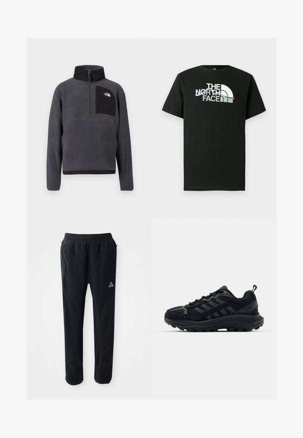 Sudadera polar de color gris oscuro con cuello alto, media cremallera frontal y bolsillo con cremallera negro en el pecho con logo blanco en el lado derecho.; Camiseta negra de algodón con un diseño de logo impreso en blanco y gris, mangas cortas y cuello redondo.; Pantalones atléticos negros de material suave y texturizado, con cinturilla elástica, bolsillos laterales y un acento de logo triangular en el muslo.; Zapatillas deportivas negras con parte superior de malla texturizada y ante, puntera reforzada y suela resistente. Presentan un diseño de cordones y una lengüeta en la parte trasera.