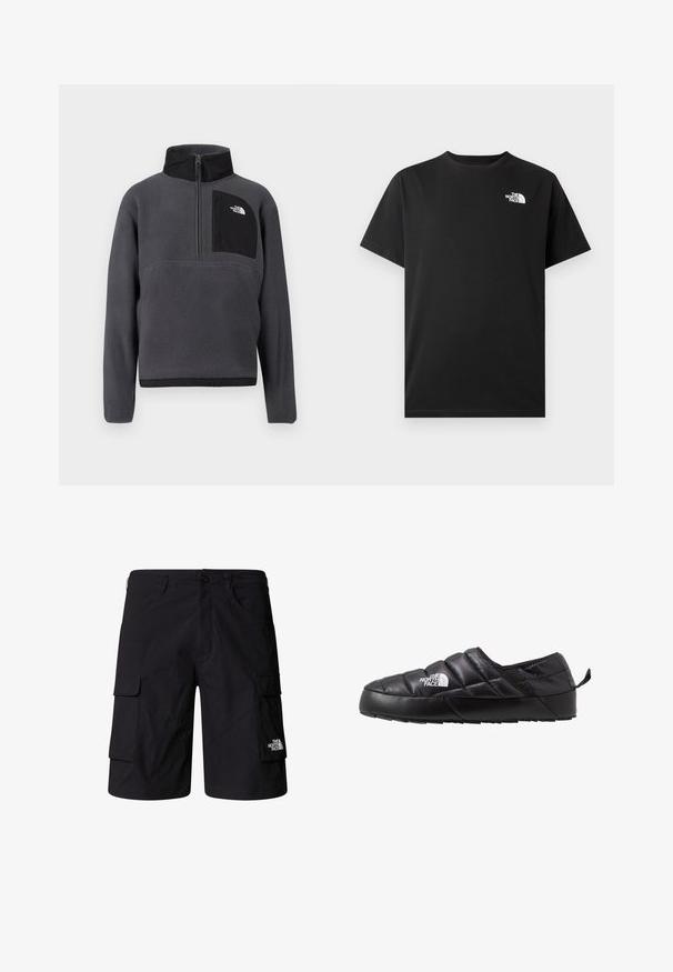 Mørkegrå fleece-pullover med høj krave, halvlængde lynlås foran og sort lynlåslomme på brystet med hvidt logo på højre side.; Sort bomuld T-shirt med korte ærmer, rund halsudskæring og en lille hvid logo på venstre brystområde. Glat tekstur, standard pasform.; Sorte cargo shorts lavet af letvægtsstof, med to sidelommer, to cargo-lommer og et mærke-logo på det nederste højre ben.; Sort slip-on sko med et quiltet design, lavet af polstret materiale. Har en struktureret gummisål og et lille trækstrop bagpå.