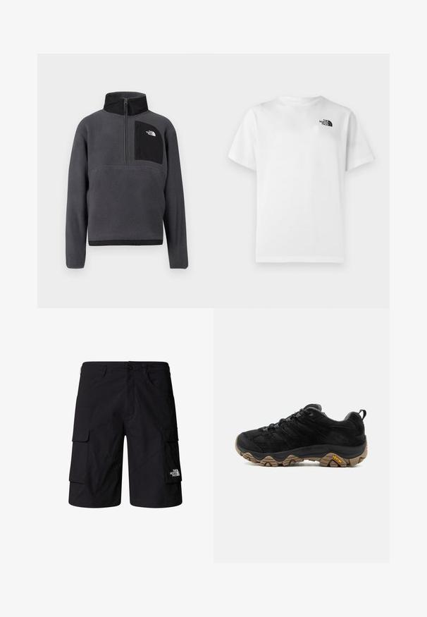 Mørkegrå fleece-pullover med høj krave, halvlængde lynlås foran og sort lynlåslomme på brystet med hvidt logo på højre side.; Hvid bomuld T-shirt med korte ærmer og rund halsudskæring. Har en lille sort logo på øverste venstre side. Glat tekstur.; Sorte cargo shorts lavet af letvægtsstof, med to sidelommer, to cargo-lommer og et mærke-logo på det nederste højre ben.; Sort vandrestøvle med robust brun Vibram-sål, mesh og ruskindsoverdel, snørelukning og bageste trækskinnel, vist fra ydersiden.