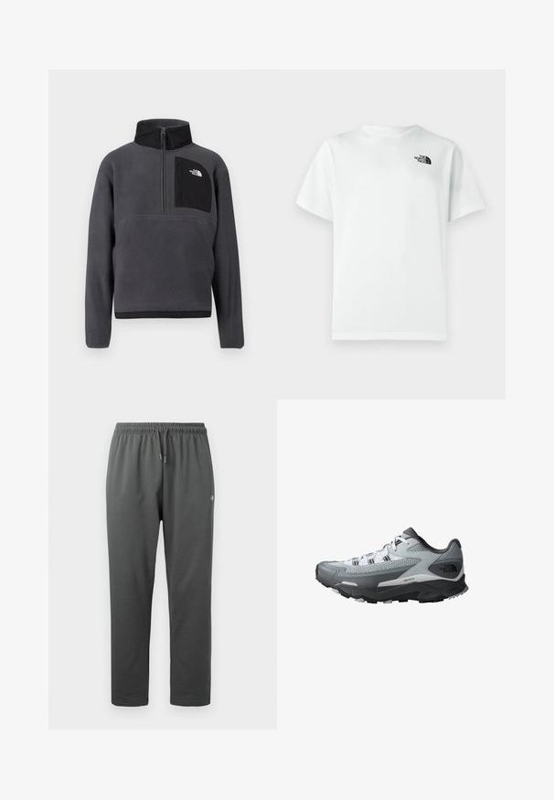 Pull-over en polaire gris foncé avec col montant, demi-fermeture éclair à l'avant, et poche poitrine zippée noire avec logo blanc sur le côté droit.; T-shirt blanc en coton à manches courtes, col rond, avec un petit logo noir sur le côté gauche de la poitrine. Texture lisse.; Pantalon de survêtement en polaire gris foncé avec taille élastique et cordon de serrage, avec un petit logo sur la cuisse droite.; Chaussure de trail running avec un schéma de couleurs gris et noir, tige en mesh, semelle robuste et accents texturés pour une meilleure adhérence.